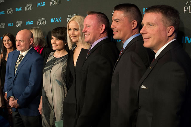 Jennifer Lawrence (center), with astronauts Scott Kelly, Samantha Cristoforetti, Butch Wilmore, Kjell Lindgren and Terry Virts as seen at the IMAX premiere of "A Beautiful Planet." (NASA/Joel Kowsky)