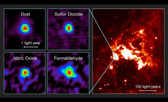 La figura mostra le osservazioni del primo nucleo molecolare caldo trovato al di fuori della Via Lattea sfruttando il potere di ALMA e una veduta della stessa regione di cielo in luce infrarossa.