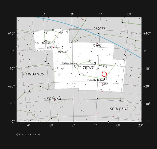 Location of the faint red star LHS 1140 in the constellation of Cetus